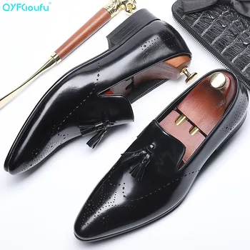 

QYFCIOUFU New Arrival British Style Men's Slip-on Shoes Genuine Leather Men Tassel Loafers Fashion Pointed Toe Mens Dress Shoes
