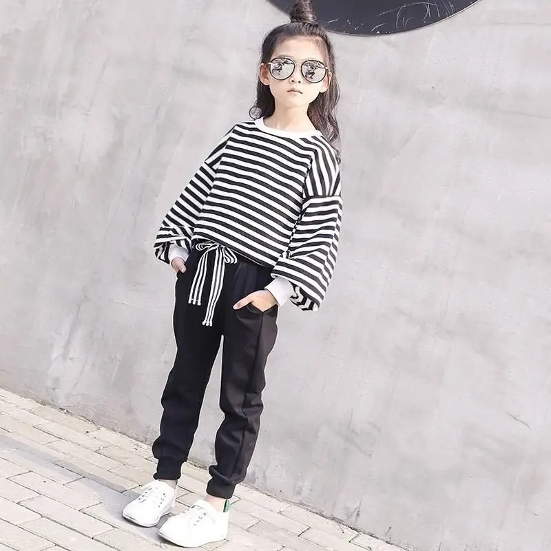 

New Spring Autumn Kids Girls Cotton 2pcs Sets Children Girls Striped Tops+Solid Pants Tracksuits Toddler Girl Clothes Suits T88