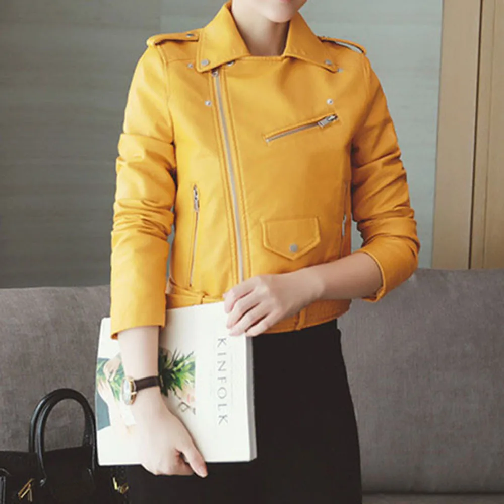 

Women Autumn Winter Black Faux Leather Jackets Zipper Basic Coat Turn-down Collar Biker Jacket With Blet casaco feminino FB