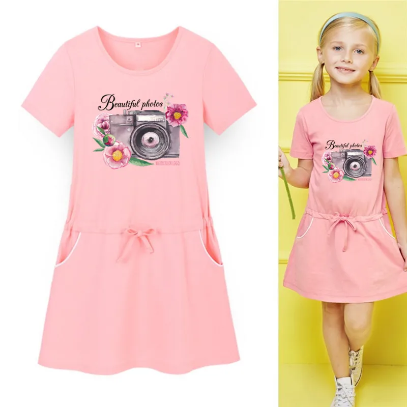 Милое розовое мини-платье принцессы Детские Вечерние Платья с цветочным принтом и камерой летнее модное платье для девочек, спортивный карман, от 3 до 13 лет