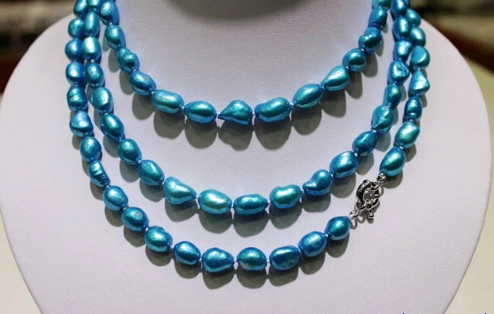 

06523 long freshwater pearl necklace Turquoise Blue Baroque 120cm metal clasp