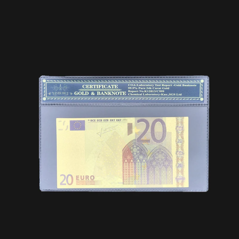 Цветные Банкноты евро 20 евро банкноты в 24 k позолоченные с пластиковой КоА рамкой для подарков и коллекции