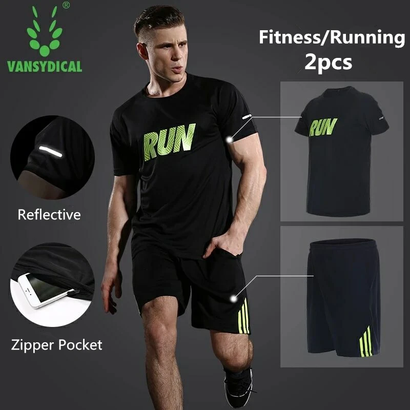 Vansydical, мужские спортивные костюмы, быстросохнущие, для спортзала, для бега, футболки+ шорты, набор, для фитнеса, тренировочная одежда, для улицы, для бега, спортивные костюмы