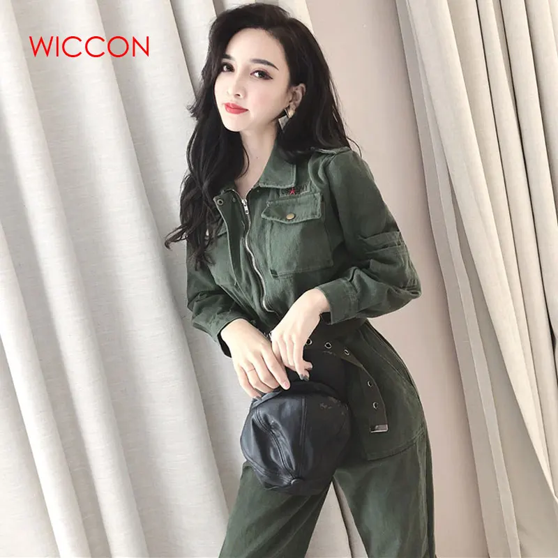 

Denim Overalls Cowboy Vintage Ripped Workwear Slim Fit Denim Jumpsuit With Jacket Work Suit Army Green Waist Belt