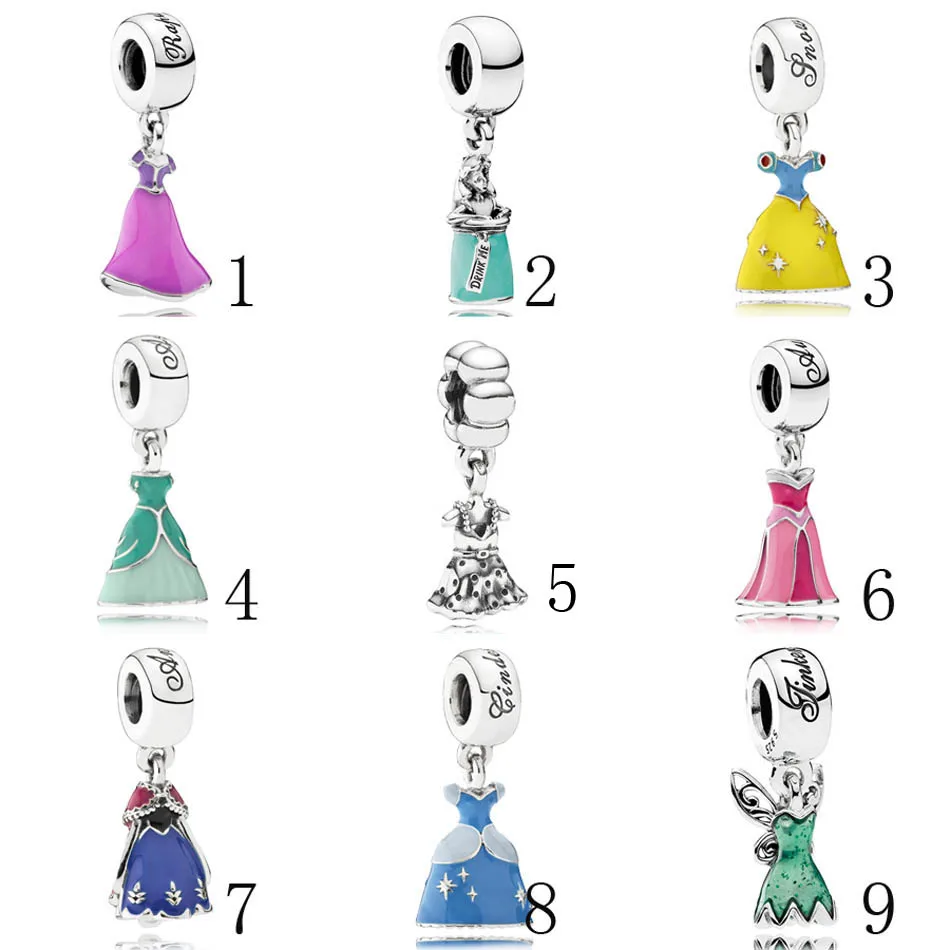 

925 Silver Beads Princess Dress Fit Pandora Bracelet Rapunzel Anna Snow White Cinderella Alice Ariel's Dress Dangle DIY Jewelry