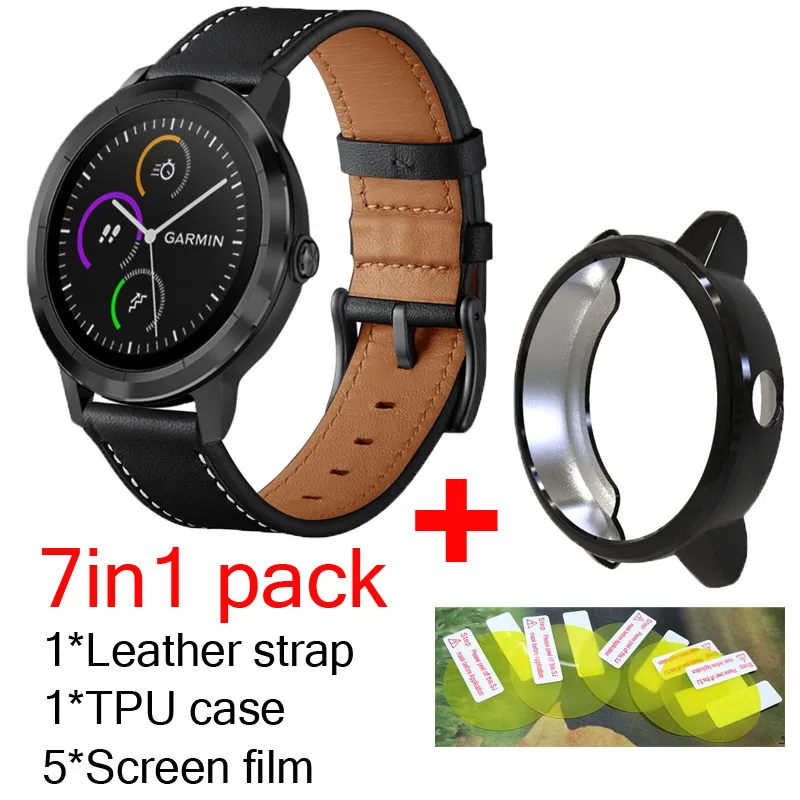 7in1 pack for garmin vivoactive3 starp leather wristband bands with TPU soft cases shell cover +vivoactve3 screen protector film |