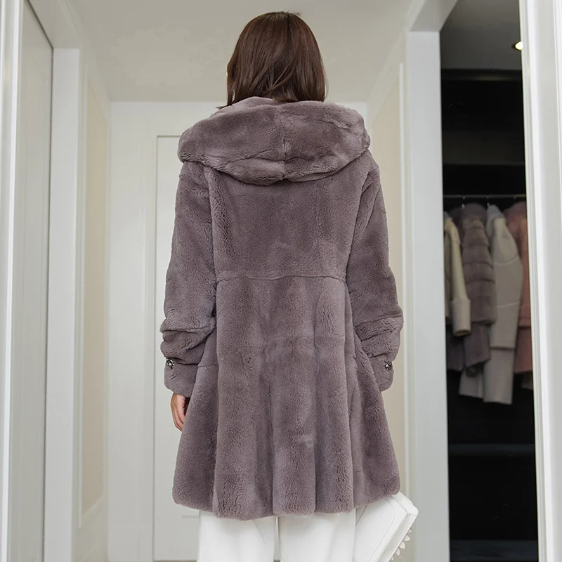 Loose fit hooded natural rex rabbit fur coats outerwear women A line crystal stone big bottom hem real fur jackets winter