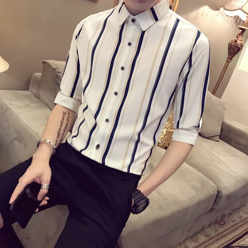 Мужская рубашка в полоску с коротким рукавом, летняя модная новинка, Повседневная тонкая легкая удобная мужская трендовая рубашка с коротким рукавом - Цвет: Белый