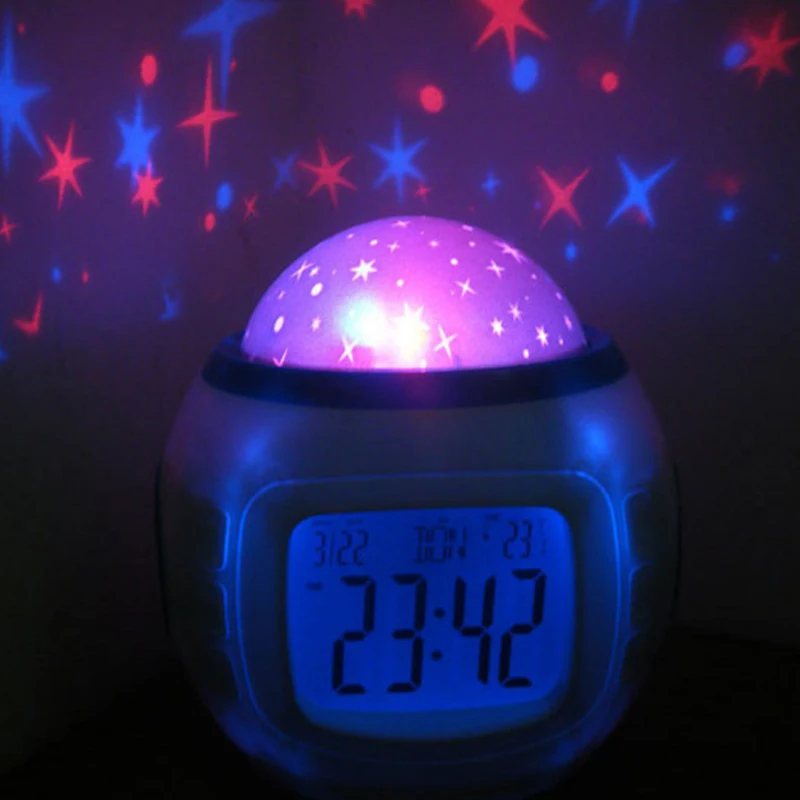 

Children Gifts Music Starry Star Snooze Digital Led Projector Alarm Clock Calendar Thermometer Relogio De Mesa Despertador