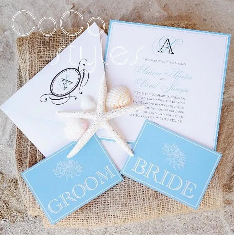 

Cocostyles bespoke romantic foiling printing sea style design invitation card with match envelope for beach wedding invitations