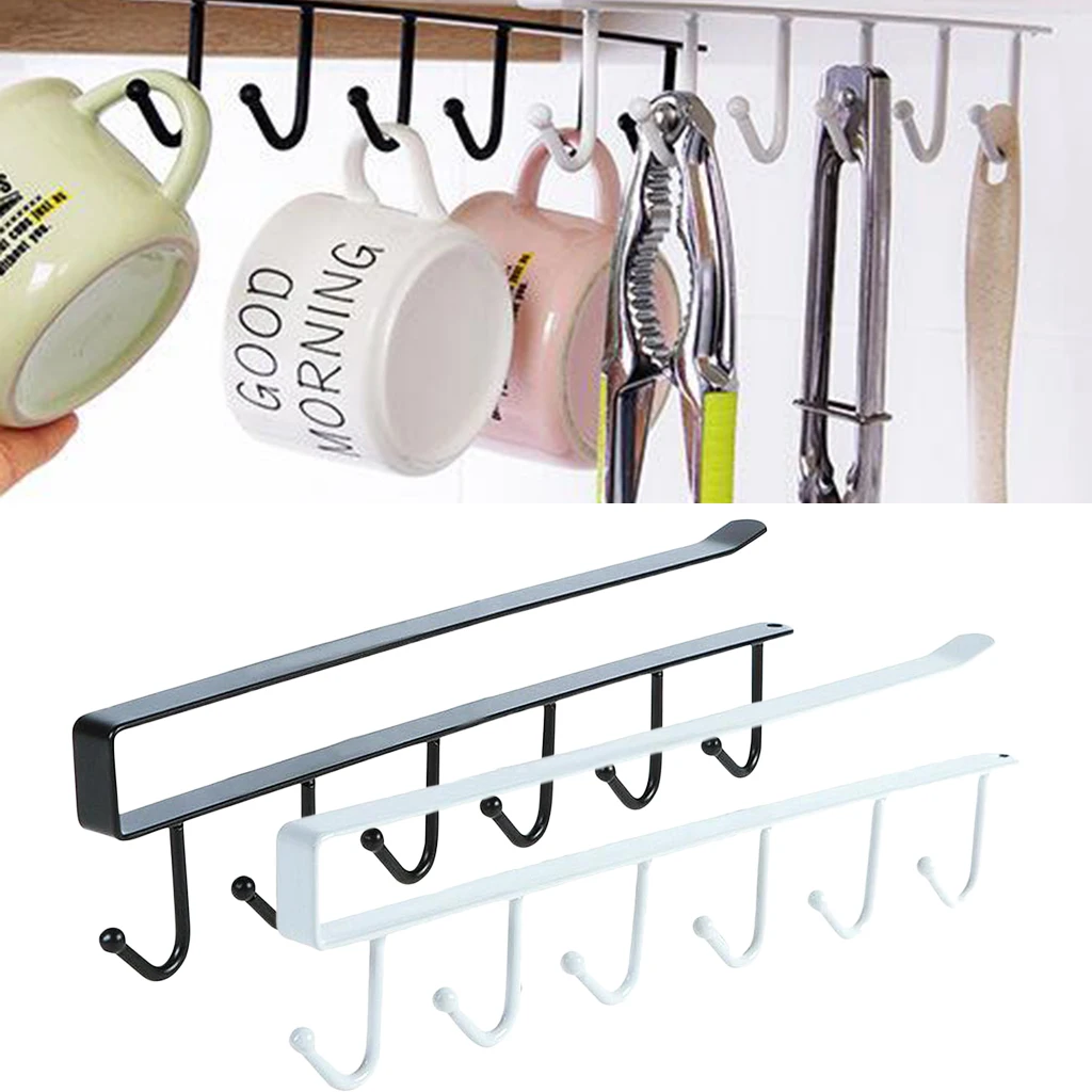 6 Hook Under Shelf Mugs Cups Wine Glasses Storage Drying Holder Rack Cabinet Hanging Organizer Rack for Kitchen Home Bathroom