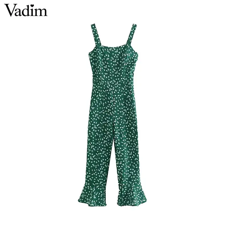 

Vadim women elegant floral print sleevelss backless flare jumpsuits stylish female casual beach style green playsuits KA822
