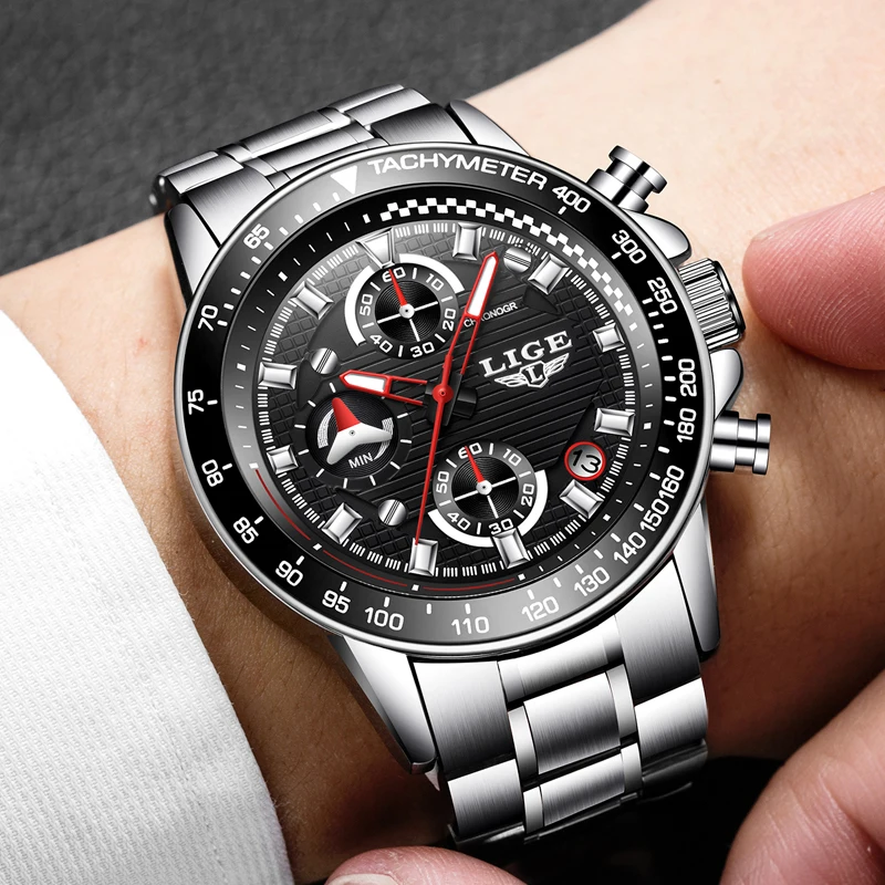  LIGE Men's Luxury Brand Full steel Quartz Watches Men Military Waterproof Wrist watch Man Fashion c