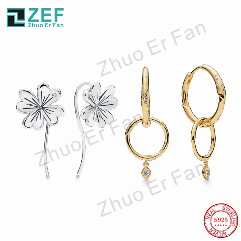 

PAN 925 Sterling Silver Stud Earrings.Lucky Four-Leaf Flower branch Elegance Original Luxury ladies Jewelry for women
