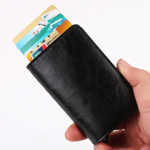 Алюминиевый унисекс безопасности практичный тонкий кошелек банк для кредитной карты Чехол для карты коробка PU кожаный чехол - Цвет: Черный