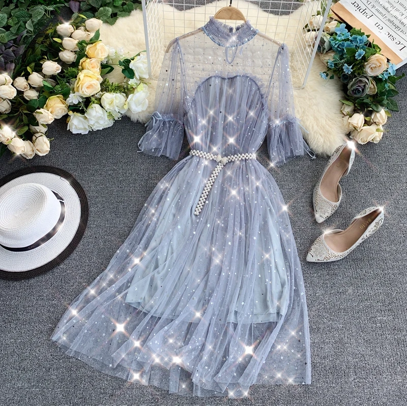 النساء تألق الترتر اللؤلؤ حزام قصيرة الأكمام شبكة Ycasual اللباس سيدة الحلو أنيقة Vestidos F421