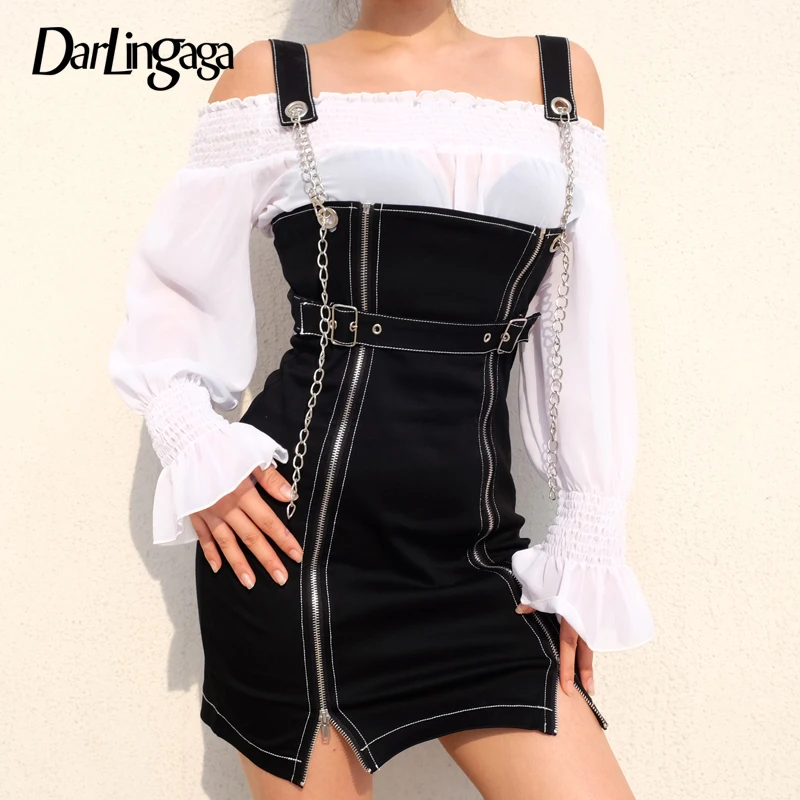 

Darlingaga Punk Gothic Chain Strap Black Dress Women High Waist Zipper Summer Dress Side Split Streetwear Dresses Sundress 2019