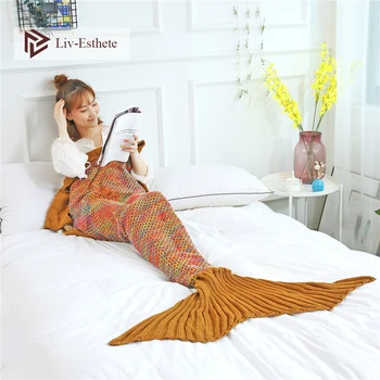 

Liv-Esthete Fashion Yellow Mermaid Throw Blanket Knitted Handmade Blanket Super Sofa Best Gift For Adult Kids Child Blanket