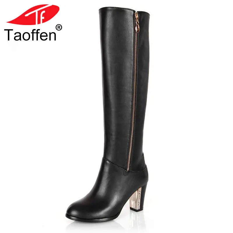 TAOFFEN Free shipping over knee natrual real genuine leather high heel boots women snow winter warm shoes R4642 EUR size 31-43