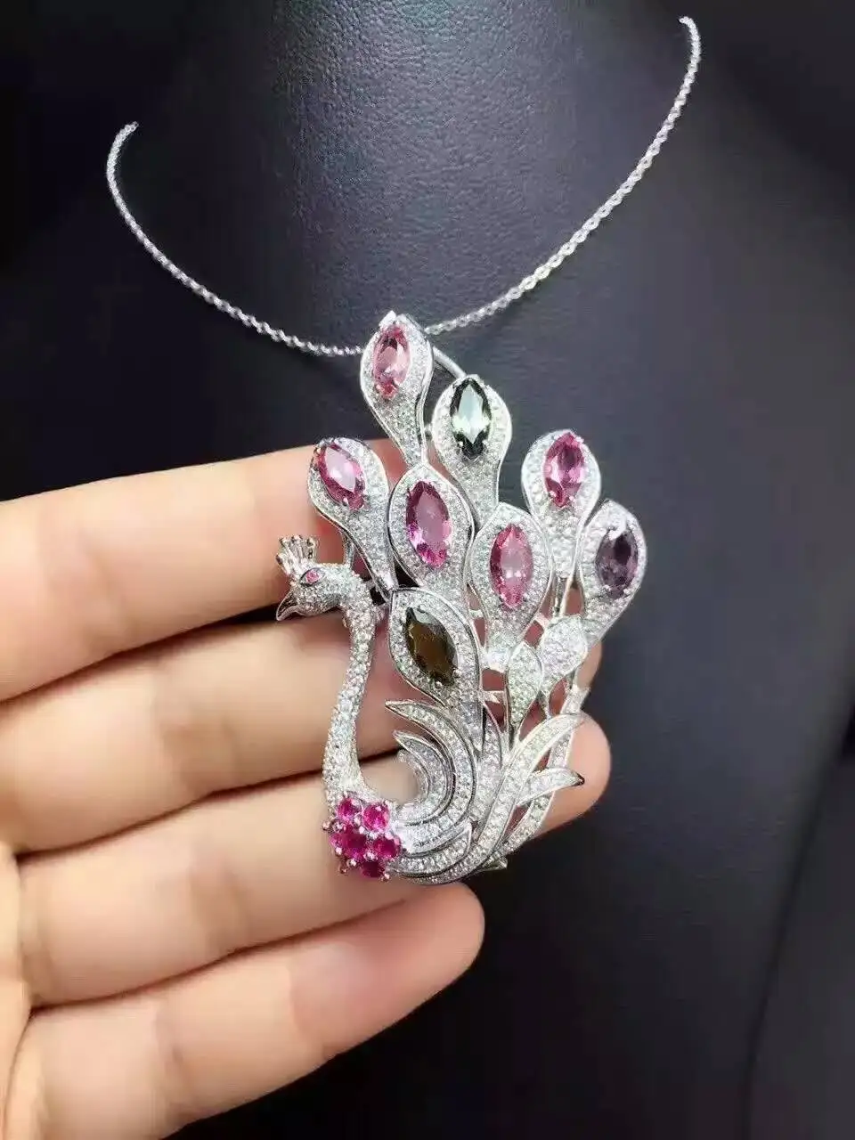  Bohême élégant paon deux utilisations naturel multicolore tourmaline pendentif naturel pierre gemme
