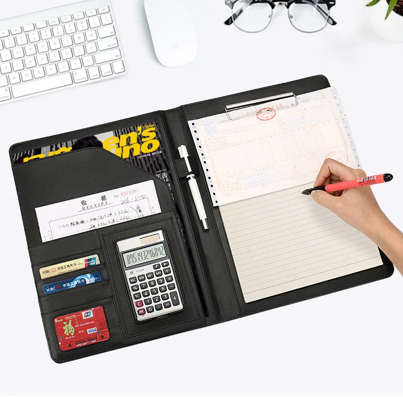 a4 Faux leather portfolio business executive padfolio folder biefcase document bag clip calculator pen loop office supplies 556B |