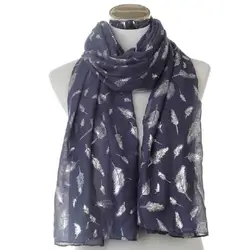 Winfox новые модные блестящие Фольга Щепка темно-синий белый Перо шарф для женщин