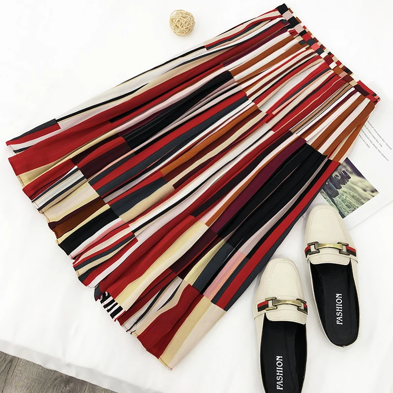 

12b Stylish and elegant temperament Korean version of the loose thin high waist color matching striped pleated skirt dxf7 cherry