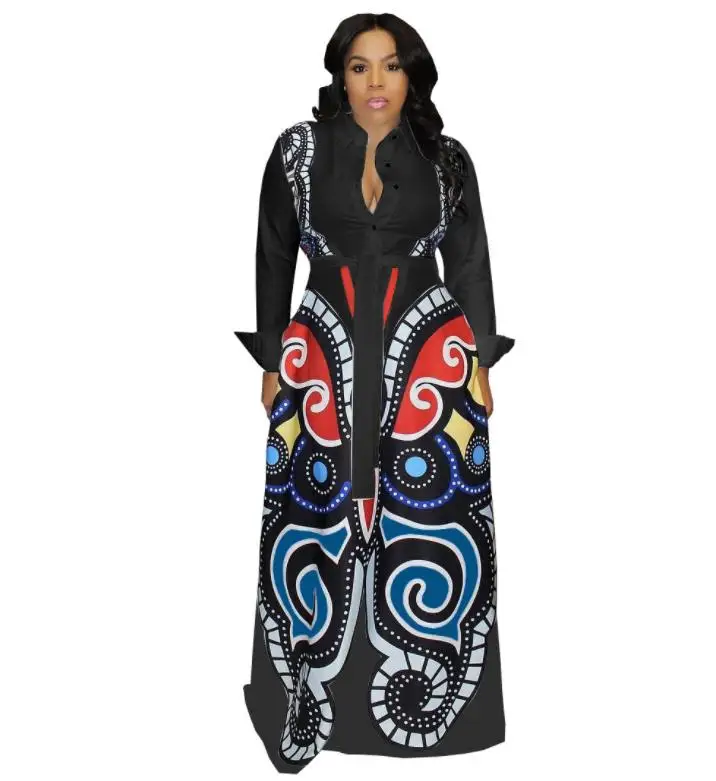 Распродажа, платье в африканском стиле, осенняя и зимняя цифровая печать, футболка, приталенное платье с рукавами, новое, модное, Африканское, женское, одежда - Цвет: Черный