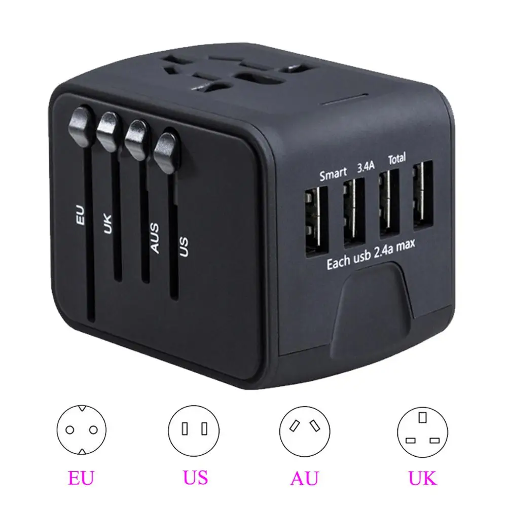 Adaptador de Viagem Adaptador de Energia Carregador de Parede em Todo o Mundo para Reino Tudo-em-um com 3.4a Universal Internacional Unido – ue au Eua Plug 4 Usb