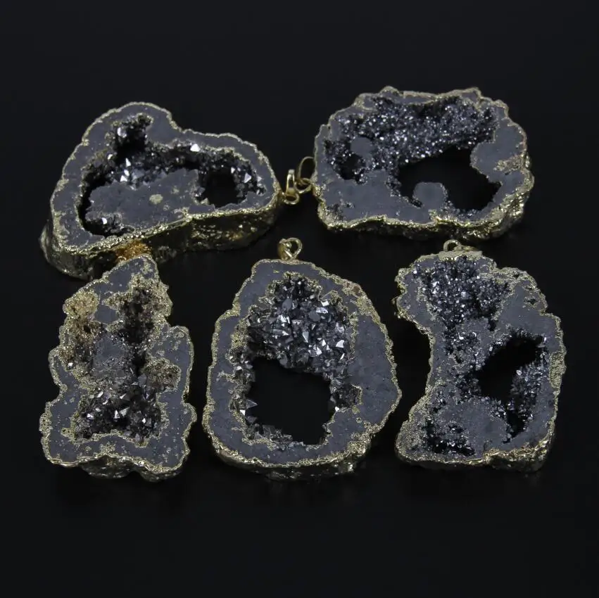 5pcs Druzy Quartz Crystal Druzy Pendant, Golden Plated Edged Silver
