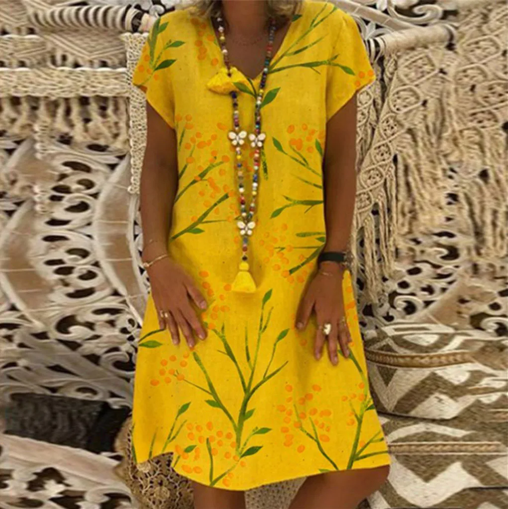 

Women Summer Dress Casual Leaf Print V-Neck Short Sleeve Dress Mini dresses woman party night summer Beach dresses 2019 vestidos