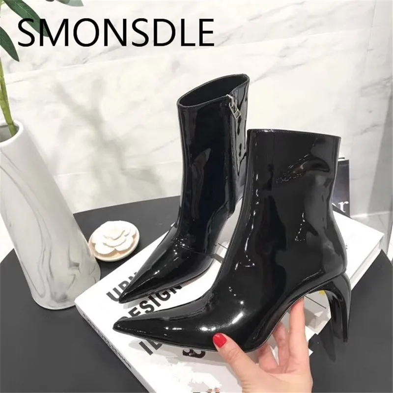 2018 New Fashion Spring Autumn Genuine Leather Women Ankle Boots Pointed Toe Strange Heels Women Motorcycle Boots Shoes Woman