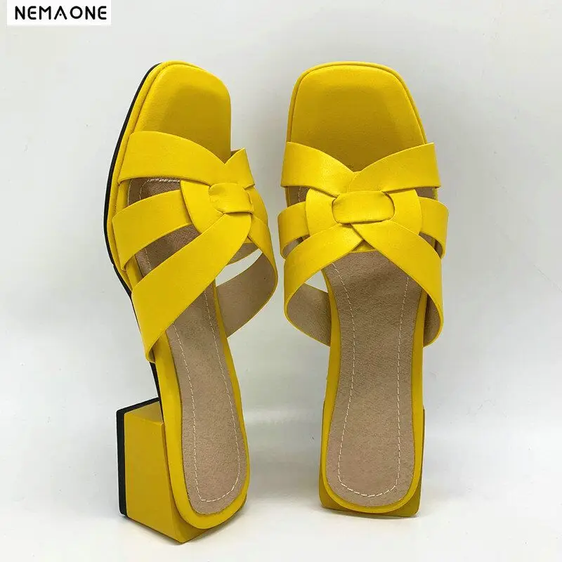 

2019 high heels slippers woman pu leather open toe fashion slippers elegant woman summer shoes concise slides size 33-48
