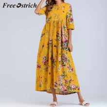 Страусиная горячая Распродажа женское повседневное тонкое хлопковое Свободное длинное платье с коротким рукавом и рюшами в цветочек Bohe желтое летнее платье-кафтан