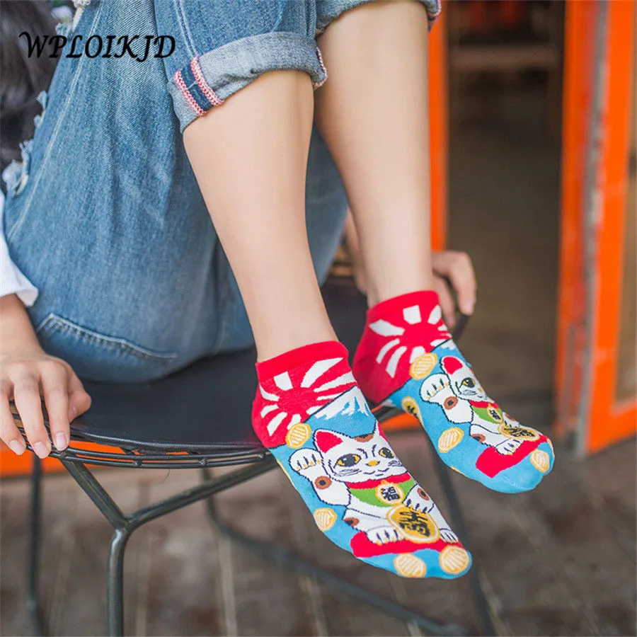 [Wploikjd] Япония женские Модные носки с мультяшным рисунком творческий с принтами в виде кошек, рыба суши узор художественная смешные носки Harajuku милые носки Meia