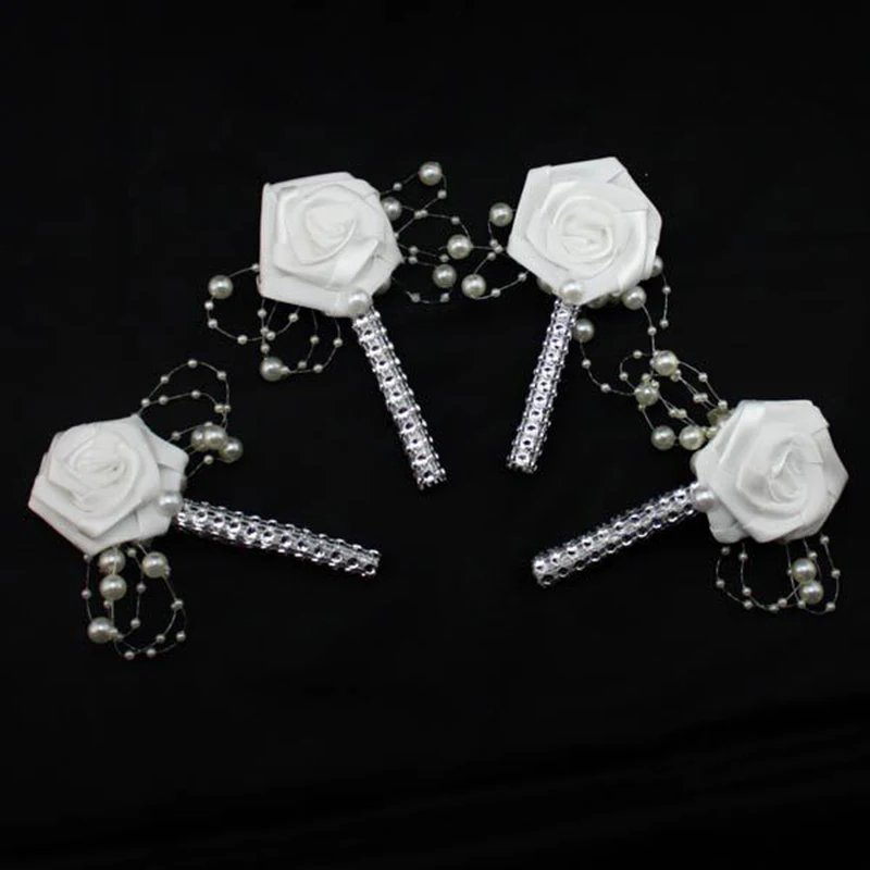 

6pcs/lot Elegant White Satin Flower Bride and groom Corsages Brooch Crystal Pearls Boutonnieres Handmade Bridesmaides wbc007