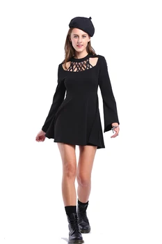 

New Spring Autumn Women Punk Knitted Black Dress Long Sleeve Show Thin Female Pure Color Neck Hollow Out Mini Women Dress