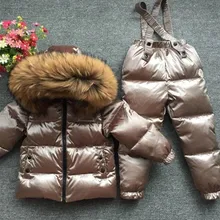 Комплекты для детей очень толстый пуховик для маленьких мальчиков и девочек лыжный костюм с воротником из шерсти животных топ и брюки