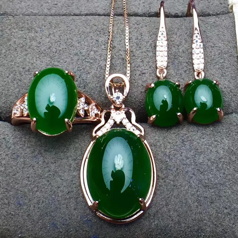 

Natural and Tianxi jade pendant earrings ring three sets 925 silver ring live to send silver chain female models