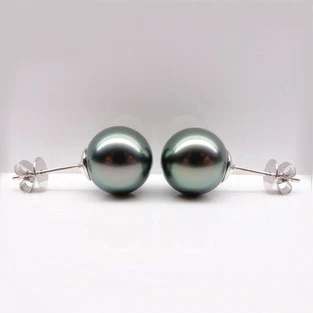

925 real natural big Natural seawater pearl earrings earrings / Tahitian Black Pearl Stud Earrings 9-10mm genuine smooth