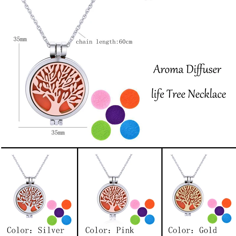 Qevila Necklace Jewelry Aroma Diffuser life Tree Necklace Open Lockets Bohemia Pendant Perfume Oil Locket 5pcs Oil Pads as Gift (1)