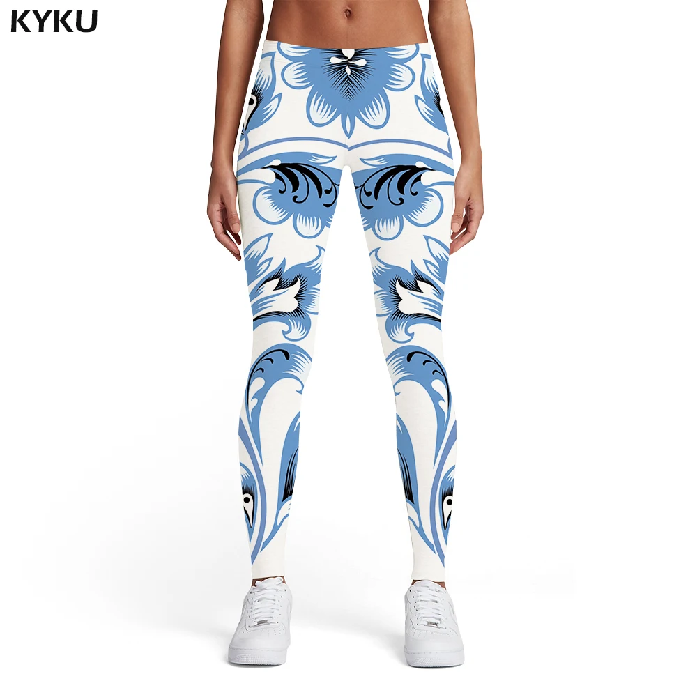 

KYKU Brand Flower Leggings Women White Trousers Vintage Elastic Harajuku Printed pants Art Sport Womens Leggings Pants Fitness