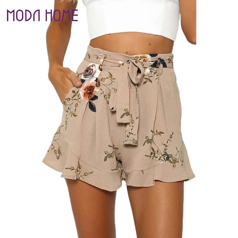 Casual Floral Print Ruffle Shorts Women Summer Beach Drawstring Bow