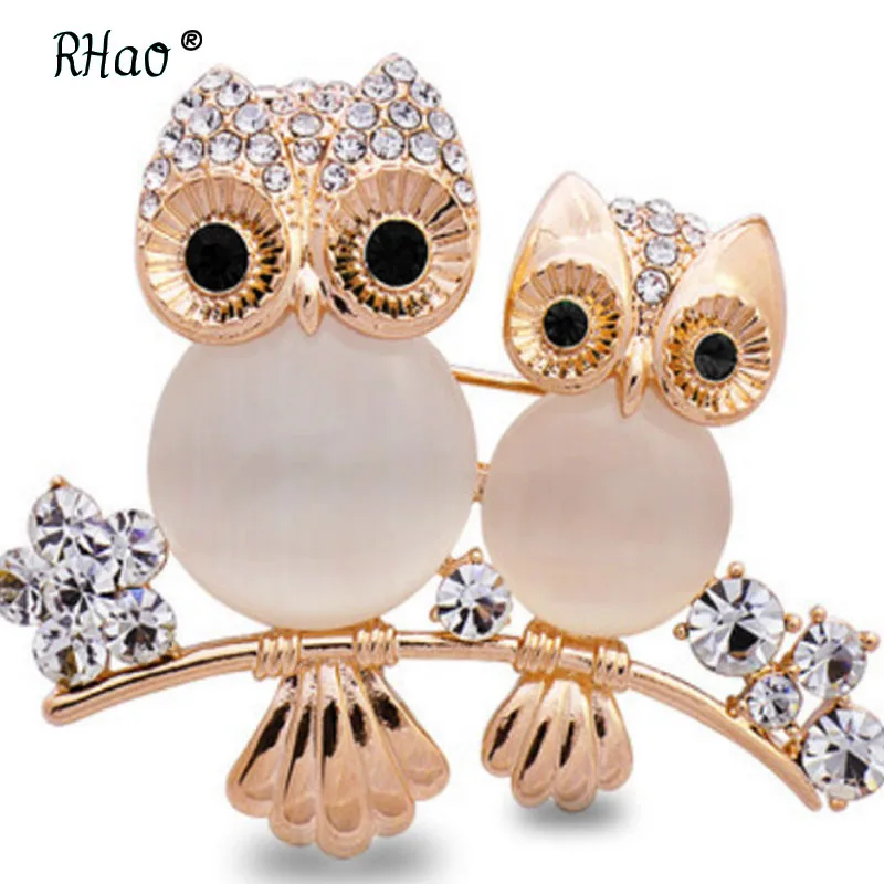 RHao double Opal Owl Brooches Mother with kids animal Crystal brooches pins women girls birds Clothes jewelry brooch | Украшения и