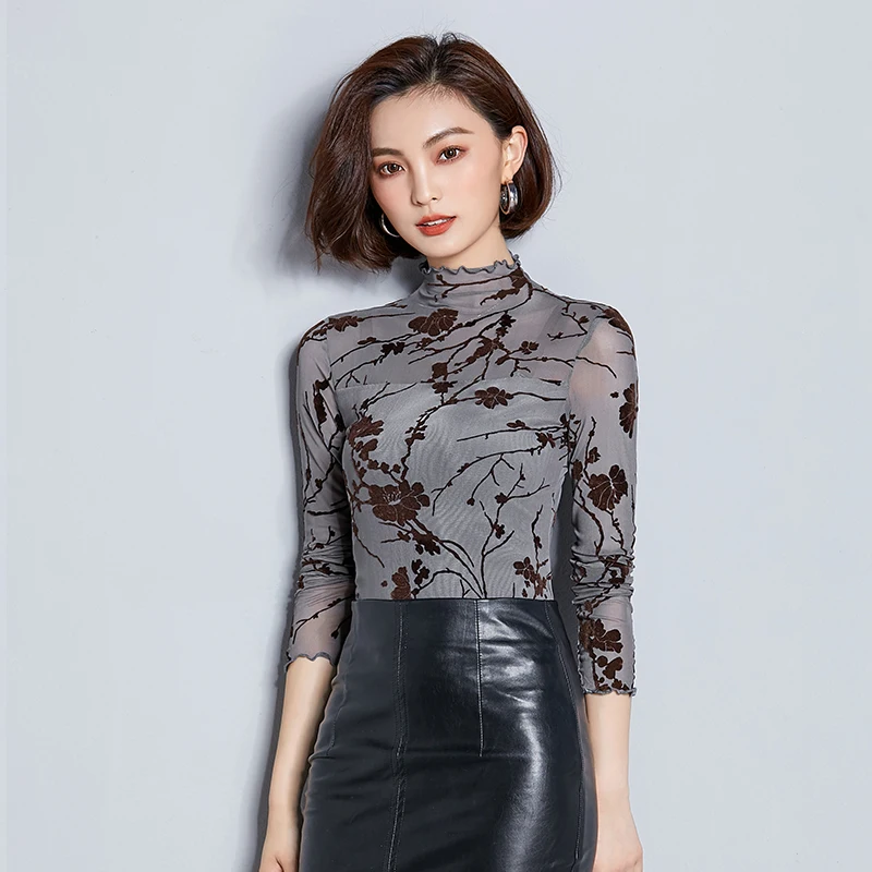 

Gray,Apricot Flower Print Mesh T-shirt 2018 New Spring Autumn Women Turtleneck Sexy Tee Tops Female Gauze T-shirts