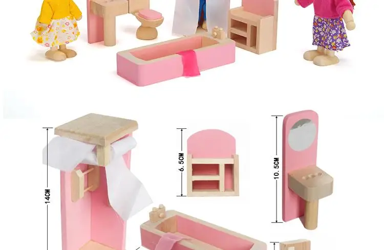 6 rooms children whole set wood pink furniture doll house toys/ Kids girls birthday gifts of wooden kitchen bathroom bedroom toy