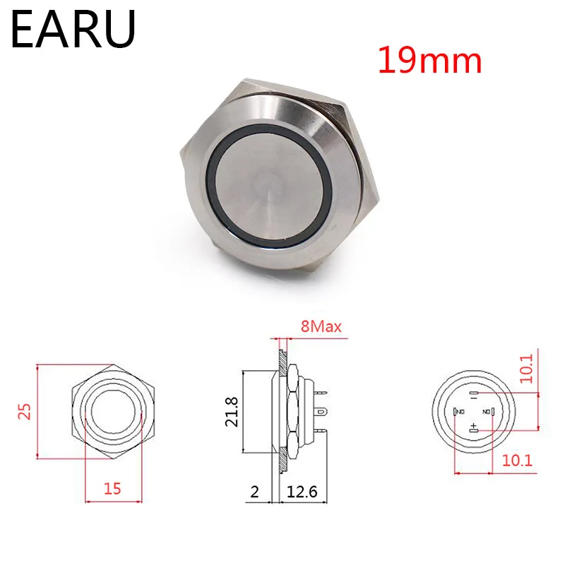 12/16/19 мм микро переключатель короткие ходовой Нержавеющая сталь мгновенный самозапуска Водонепроницаемый металлический кнопочный переключатель Мощность светодиодный светильник