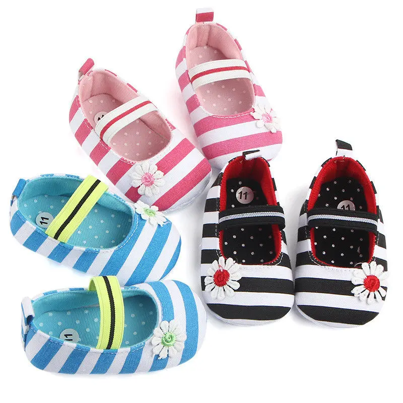 

Newborn to 18M Infants Baby Girl Soft Crib Shoes Moccasin Prewalker Sole Shoes Cute Striped Flower Slip Shoes