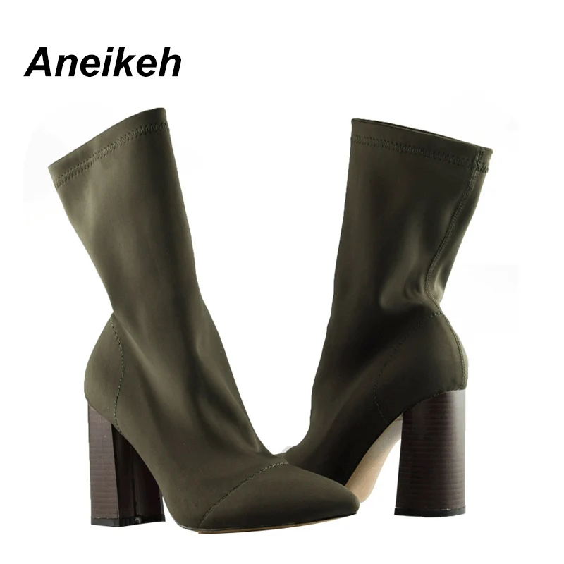 Aneikeh/женские ботинки; эластичные ботильоны с острым носком; обувь на высоком толстом каблуке; женские ботинки-носки; коллекция года; сезон весна