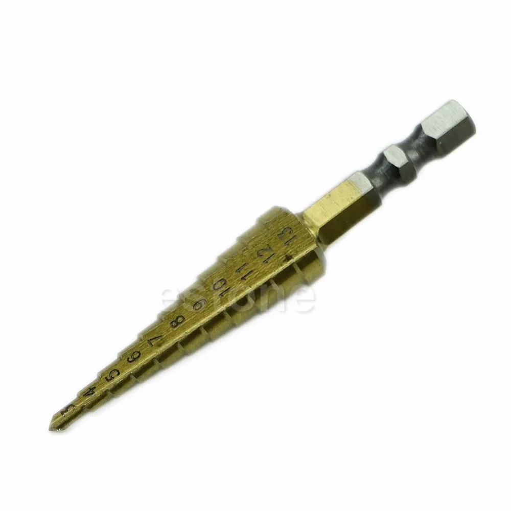 

OOTDTY F85 Unique 3-13MM Titanium Coated 11Step Drill 1/4" HSS Hex Shank Tool
